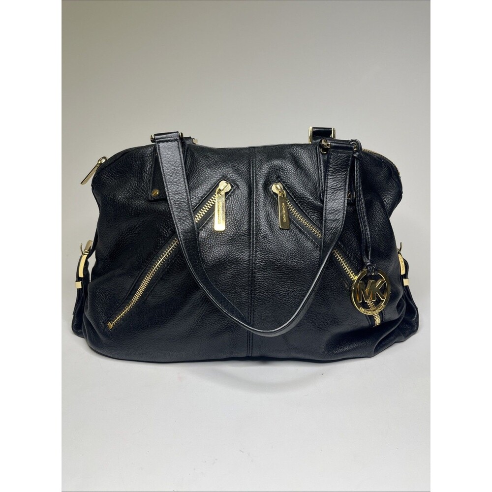 Michael Kors Portland Pebbled Black Leather Satchel Purse Gold Zipper Handbag